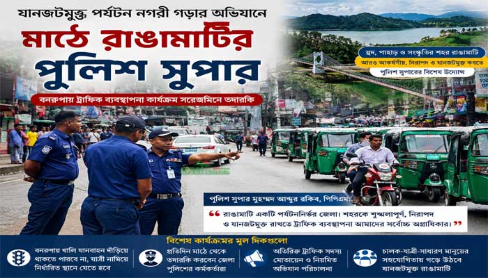 যানজটমুক্ত পর্যটন নগরী গড়তে রাঙামাটিতে পুলিশ সুপারের নেতৃত্বে বিশেষ ট্রাফিক অভিযান